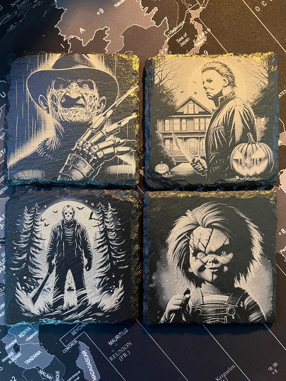 80s slasher horror movie inspired engraved slate coasters / coaster set chucky, freddy kruger, jason vorhees, michael myers