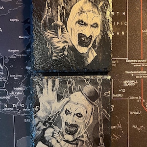 The Terrifier inspired Art the Clown 10cm x 10cm engraved slate coasters
