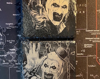 The Terrifier inspired Art the Clown 10cm x 10cm engraved slate coasters