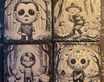 Cartoon style 80s slasher horror movie inspired engraved slate coasters / coaster set chucky, freddy kruger, jason vorhees, michael myers