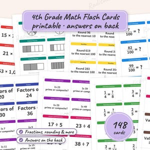 4th Grade Math Flash Cards Printable, Fractions, Decimals, Rounding, Place Value, Factors, Prime and Composite, 148 Cards with Answers