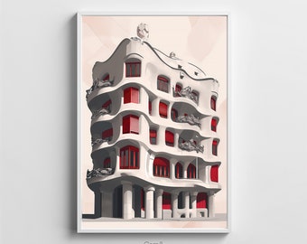 Gaudi Casa Mila inspired art in the style of Bauhaus, minimalist architecture luxury wall art, instant download la pedrera Gaudi Barcelona