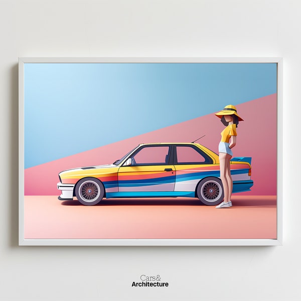 Klassisches BMW M3 edles Auto-Poster, moderne Kunst, minimalistischer, stilvoller Auto-Druck, modisches Auto-Geschenk. BMW E30 M3 Retro-deutsches BMW-Kunstauto-Poster