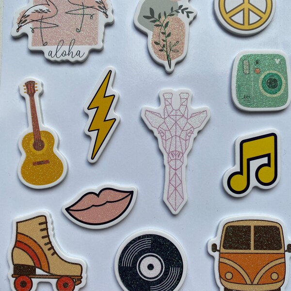 3x Blatt Aufkleber ca.34 - 3D Stickers Hippies Funkelt Roller Gitarre Peace Flamingo Elefant Scrapbook Yoga Radio Sonnenbrille Musik