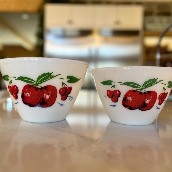 SET OF 2 - Vintage Fire King Apples & Cherries  Splash Proof Bowls 1950’s