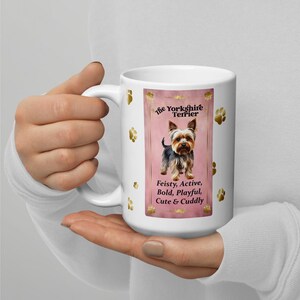 Yorkshire Terrier - Yorkie - and gold paws on white glossy coffee cup mug