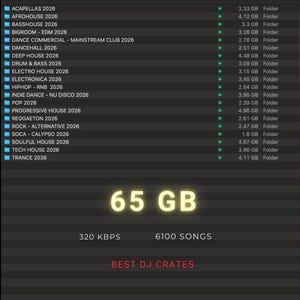 Peut inclure: Interface de biblioth&egrave;que musicale num&eacute;rique affichant des genres musicaux tels que Pop, Reggaeton et Trance. L'interface indique 65 Go de donn&eacute;es, 6100 chansons et un d&eacute;bit de 320 kbps. Le texte "BEST DJ CRATES" est &eacute;galement visible.