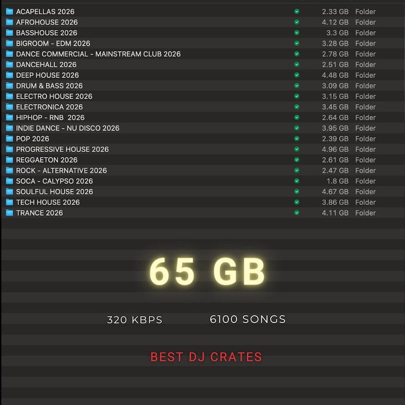 Peut inclure: Interface de biblioth&egrave;que musicale num&eacute;rique affichant des genres musicaux tels que Pop, Reggaeton et Trance. L'interface indique 65 Go de donn&eacute;es, 6100 chansons et un d&eacute;bit de 320 kbps. Le texte "BEST DJ CRATES" est &eacute;galement visible.