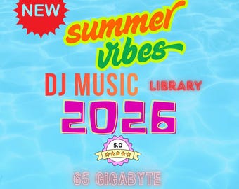 Peut inclure: Un graphique numérique avec le texte NEW dans une étoile rouge, summer vibes en jaune et vert, DJ MUSIC LIBRARY 2026 en orange et rose, un badge 5.0 étoiles, 65 GIGABYTE et 320 KBPS sur un fond d'eau bleu clair avec des ondulations.