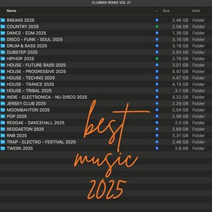 May include: A screenshot of a computer screen showing a list of music folders titled "Clubmix Remix Vol 21" with folder names and sizes. The folders are organized by music genre, including breaks, country, dance, disco, drum and bass, dubstep, hiphop, house, indie, jersey club, moombahton, pop, reggae, reggaeton, R&B, trap, and twerk. The text "best music 2025" is written in orange cursive over the list.