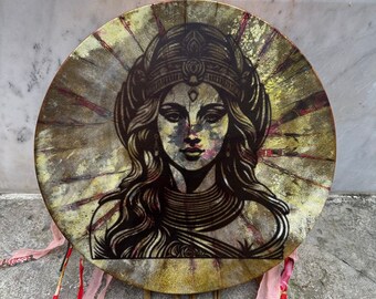 Handcrafted 21-Inch Goddess Shamanic Drum - Sacred Ritual Instrument for Spiritual Awakening and Healing