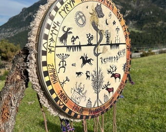 Handcrafted Traditional Shamanic Drum - Authentic Ritual Musical Instrument, Natural Hide and Wood, Spiritual Healing & Meditation Drum