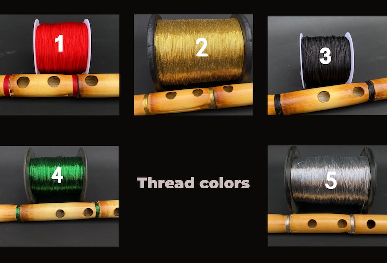 May include: An image showcasing five different spools of thread in red, gold, black, green, and gray, each paired with a bamboo flute. The text "Thread colors" is also present.