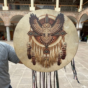 21-inch Owl Shamanic Meditation Drum - Handcrafted Frame Drum for Spiritual Journeying and Healing