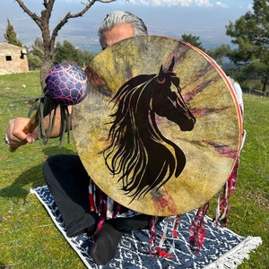 Handcrafted 21-Inch Shamanic Drum with Horse Pattern - Spiritual Tool for Healing and Meditation