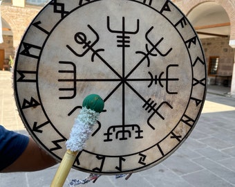 Tambor chamánico con brújula vikinga de 53 cm: instrumento ritual artesanal, herramienta para el viaje chamánico