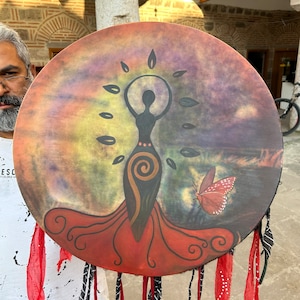 Hand Painted Gaia Shamanic Drum - Handcrafted Healing Drum with Earthy Design, Spiritual Meditation Instrument