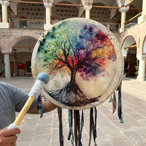 18-Inch Colorful Tree of Life Shamanic Drum - Handcrafted Meditation Drum for Spiritual Healing