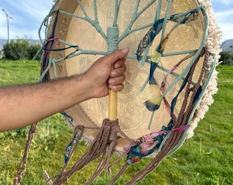 Handcrafted Shamanic Drum - Traditional 18" Frame Drum with Beater - Sacred Ceremony Drum, Spiritual Healing Music Instrument