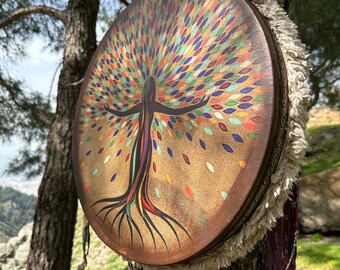 Tree of Life Shamanic Drum - Handcrafted Sacred Percussion Instrument for Spiritual Journeying