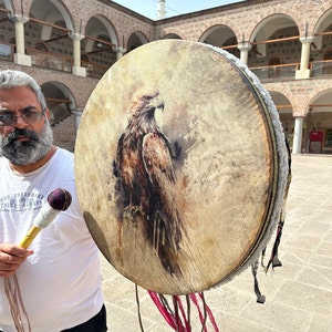 Tambor chamánico de águila de 21 pulgadas hecho a mano: tambor de sanación espiritual para meditación y ceremonias