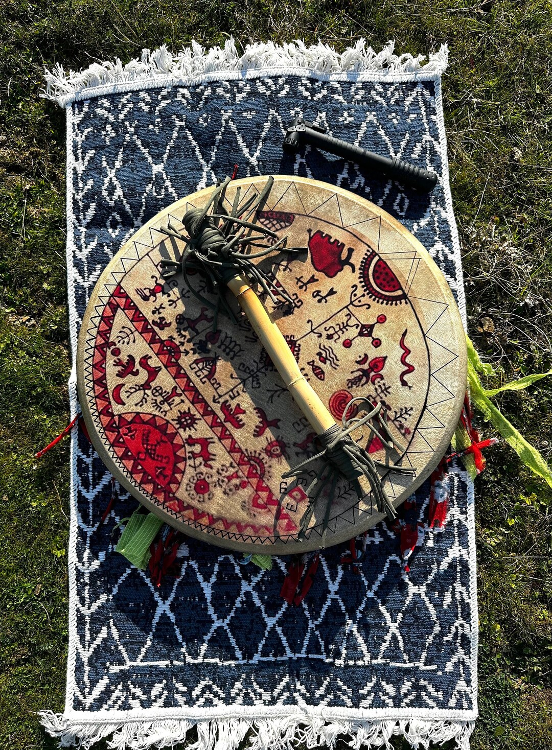 Shamanic Drum and Meditation Rug Set - Handcrafted Tools for Spiritual ...