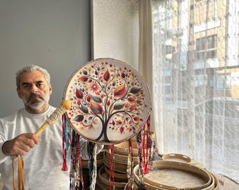 18"Vegan Leder Schamanen Trommel – Baum des Lebens Meditationstrommel | Handgefertigte Damentrommel für Rituale & Achtsamkeit | Vegan Leder Trommel