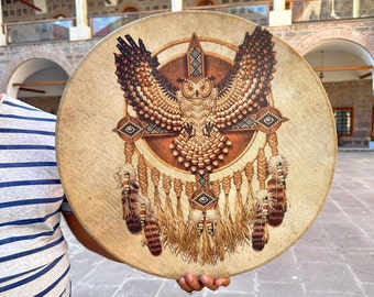 21-Inch Owl Bendir Shamanic Drum - Handcrafted Spiritual Instrument for Healing and Meditation