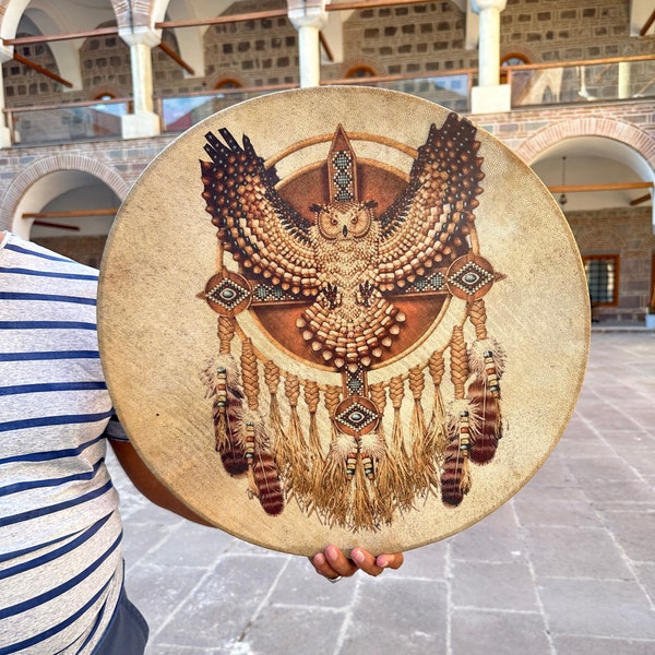 21-Inch Owl Bendir Shamanic Drum - Handcrafted Spiritual Instrument for Healing and Meditation