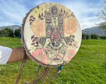 18-Inch Hamsa Hand Shamanic Drum - Sacred Symbol Drum for Spiritual Healing, Meditation, and Rituals | Handcrafted with Premium Materials
