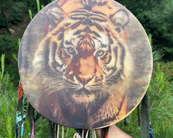 21-Inch Tiger Shamanic Drum | Traditional Handcrafted Shaman Drum | Goat Skin Meditation Drum