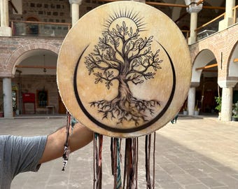 Tambor chamánico de 18 pulgadas con forma de árbol de la vida / Tambor de meditación artesanal / Instrumento de sanación espiritual / Diseño único de árbol de la vida