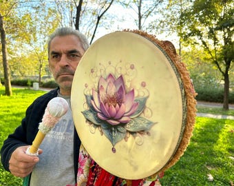 12-inch Traditional Lotus Flower Shamanic Drum - Woman Drum, Meditation Instrument