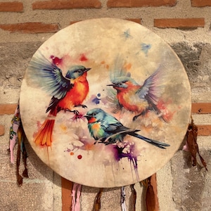 21-Inch Traditional Colorful Birds Shamanic Drum | Genuine Leather Meditation Drum | Handcrafted Women&#39;s Ritual Drum | Unique Spiritual Gift