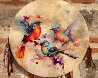 21-Inch Traditional Colorful Birds Shamanic Drum | Genuine Leather Meditation Drum | Handcrafted Women's Ritual Drum | Unique Spiritual Gift