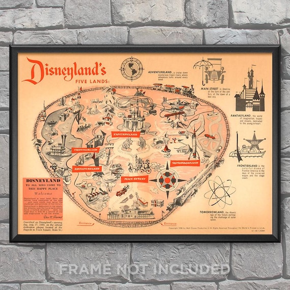 Disneyland 1958 Map Print Poster Five Lands Fantasyland