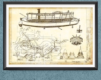 Jungle Cruise Blueprint Patent Map Print Poster Disney World Disneyland Adventureland Wall Art Decor Skipper Back Side of Water Boat 3159