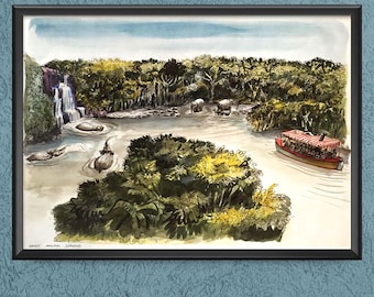 Jungle Cruise Elephant Bathing Pool Concept Art Print Disney World Disneyland Adventureland Wall Art Decor Skipper Back Side of Water 3578