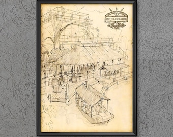 Jungle Cruise Dock Concept Art Print Poster Disney World Disneyland Drawing Sketch Skipper Load Loading Boat Back Side Water Wall Decor 3871