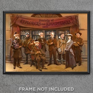 May include: A vintage-style illustration of a group of explorers and adventurers, with a banner that reads "Society of Explorers and Adventurers 1899". The group is dressed in period clothing and includes a woman, a man with a beard, and a man with a monocle.