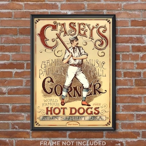 May include: A vintage-style sign advertising Casey's Corner, featuring a baseball player in uniform holding a bat. The sign has red, gold, and white lettering with the text "Casey's Corner", "Game Parlor", "Music Hall", "World Famous", "Hot Dogs", "Main Street USA", and "Coca-Cola".