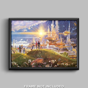 May include: A painting of a futuristic city with a family of people walking on a grassy hill in the foreground. The city is made of white and gold buildings with a large, golden spaceship in the background. The sky is a mix of blue and purple with stars.