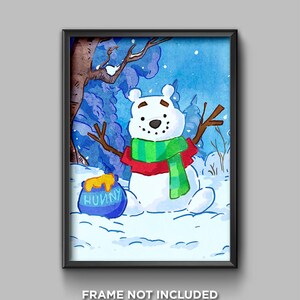 May include: A watercolor illustration of a snowman with a green and red scarf, holding a blue jar with the word "HONEY" written on it. The snowman is in a snowy winter scene with a blue sky and trees in the background.
