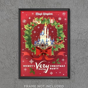 Mickey&#39;s Very Merry Christmas Party Poster Print Mickey Castle Wreath Presents Ornament Sleigh Disney World Holiday Disneyland Wall Art 3881