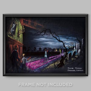 May include: A framed art print depicting a spooky scene from the Haunted Mansion ride. The artwork features a graveyard, a mansion, and figures walking on a pink carpet. Text at the bottom reads "Haunted Mansion Omnimover Loading."