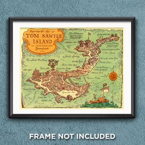 May include: A vintage-style map of Tom Sawyer Island at Disneyland, featuring a detailed illustration of the island with various landmarks, including a treehouse, a fort, a bridge, and a pirate ship. The map is surrounded by a green border and has a compass in the bottom right corner.