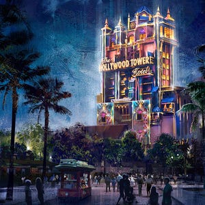May include: A nighttime view of the Hollywood Tower Hotel, a tall, colorful building with a sign that reads "The Hollywood Tower Hotel". The building is lit up with lights and there are palm trees in the foreground.