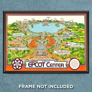 May include: A vintage map of Epcot Center, a theme park in Orlando, Florida. The map shows the different pavilions and attractions, including World Showcase, Future World, and Spaceship Earth. The map is in a black frame with an orange border.