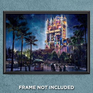 May include: A digital painting of the Hollywood Tower Hotel, a tall, dark building with a neon sign that reads "The Hollywood Tower Hotel". The building is surrounded by palm trees and a night sky.