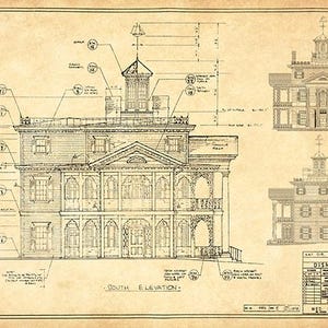 May include: A sepia-toned architectural blueprint of a multi-story building labeled South Elevation, featuring detailed line drawings, technical annotations, and a title block for Disneyland, Inc. The drawing includes a cupola and ornate facade.